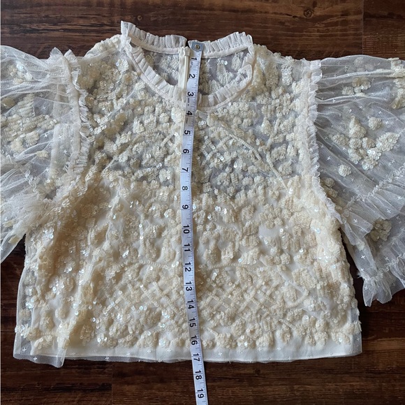 NEEDLE & THREAD Aurelia Sequin Embellished Top Natural Cream Ruffle Sheer Blouse - Picture 9 of 15
